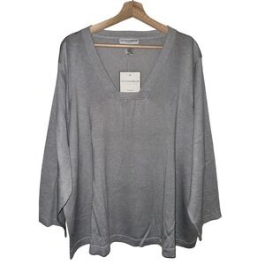 NWT 3X Sag Harbor Gray Flashy Metallic Square V Neck Long Sleeve Top Blouse